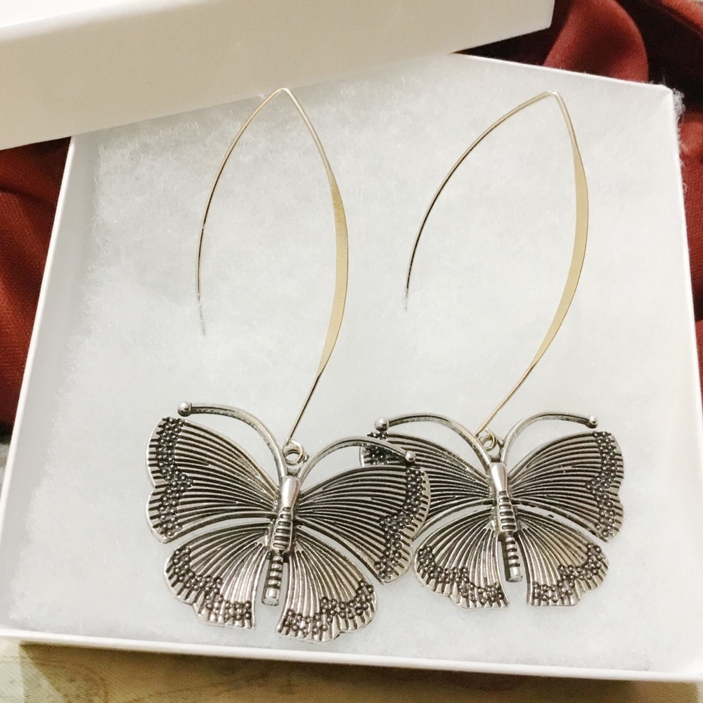 Large Boho Silver Butterfly Earrings